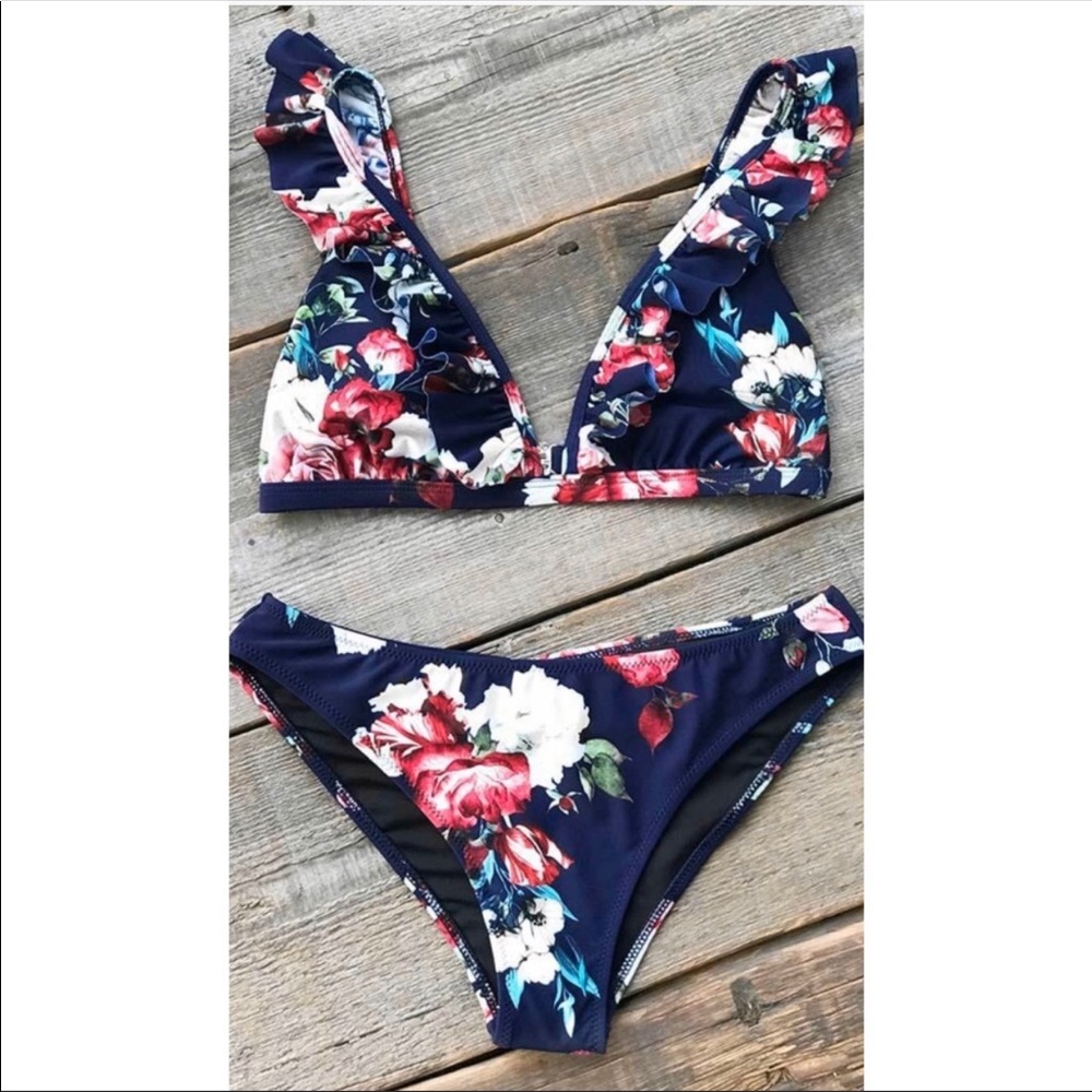 Navy Floral ruffled bikini by Cupshe